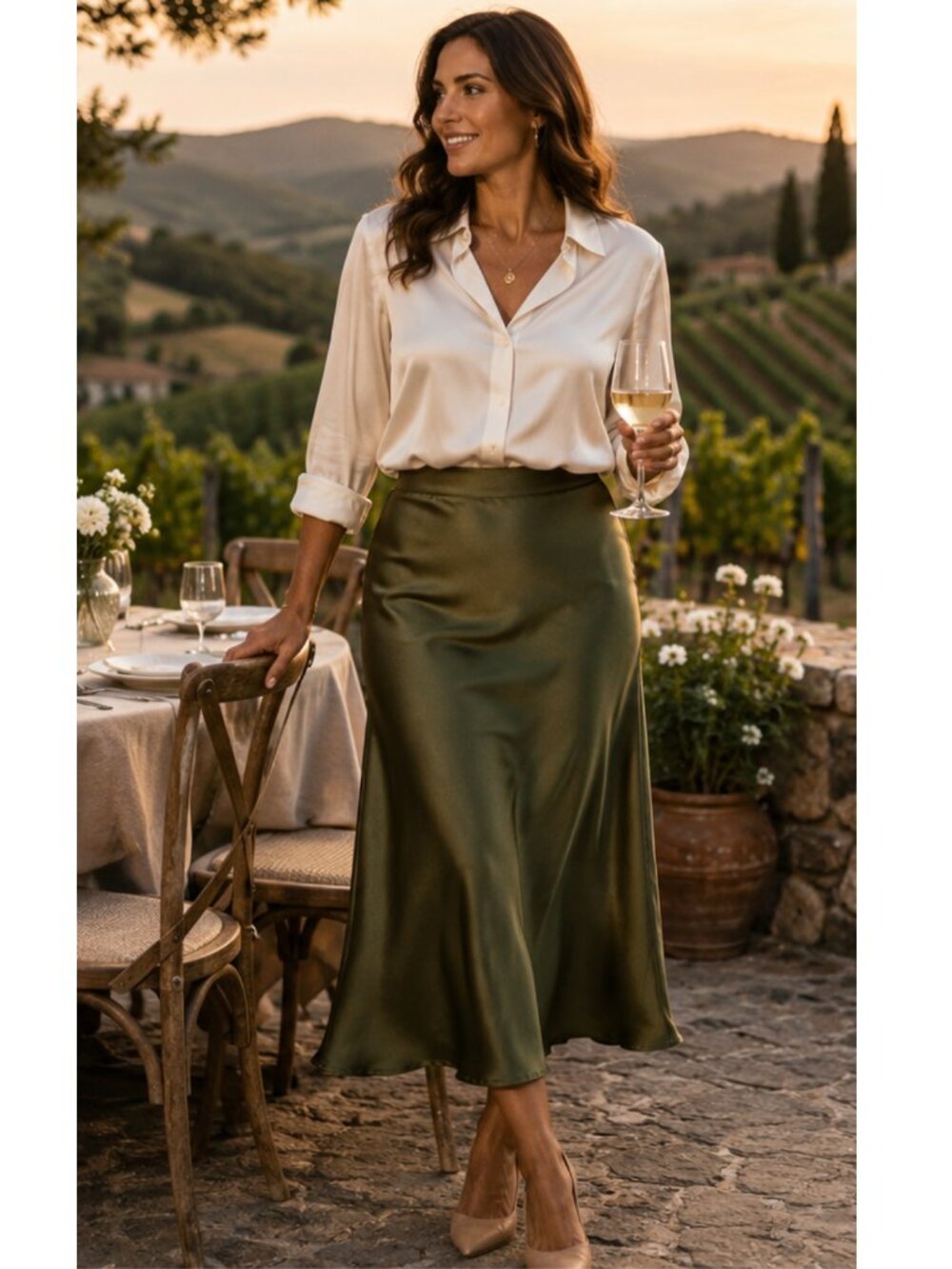 Zeagoo Olive Green Satin Midi Skirt  High Waist Slip Skirt Elegant Classy Chic